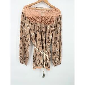 POL Floral Tunic Flowy Top Balloon Sleeves Rope Belt Large Crochet Lace Boho